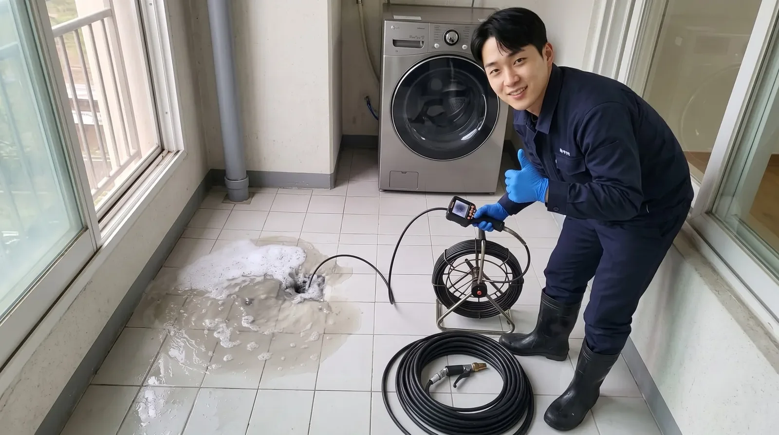 서울 서남권 세탁실 배수구 역류 현장에서 배관내시경을 든 기술자